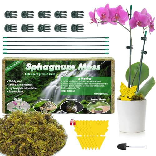 Stingmon Trap Sphagnum Moos für Orchideen 200g mit 5 Orchideenstangen, 10 Orchideenklammern, 6 Gelbsticker Trauermücken und 1 Kellen zur Anpflanzung von Orchideen MEHRWEG