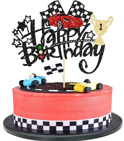 Ephlyn 1Pc Race Car Happy Birthday Cake Topper Glitter Traffic Light Trophy Flag Helmet Racing Car Cake Picks for Let's Go Racing Theme Baby Shower Boys Birthday Party Decorations Supplies
