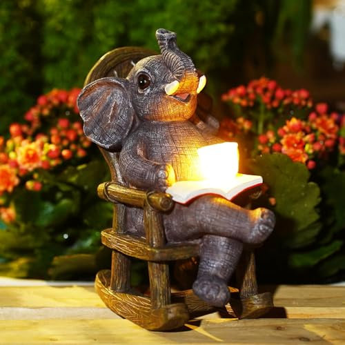 Yeomoo Elefanten Deko Figuren mit Solar Lichterkette für Wohnzimmer Gartendeko: Lustige Elefant Gartenfiguren auf dem Schaukelstuhl Deko Geschenke für Frauen Männer Mama Deko für Zimmer Garten Blakon