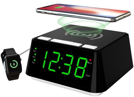 iTOMA Alarm Clock with Wireless Charging, Dual Alarm, Snooze, Brightness Dimmer, USB Charging Port, Big LED Display, Night Light, Indoor Temperature & Humidity Display CKS801