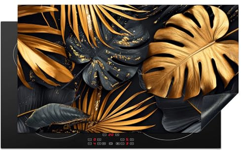 KitchenYeah© Herdabdeckplatte Einteilig Ceranfeld Abdeckplatte | 89x51 cm - Induktionsschutz Ceranfeldabdeckung Vinyl Herdabdeckplatten Blätter - Gold - Schwarz