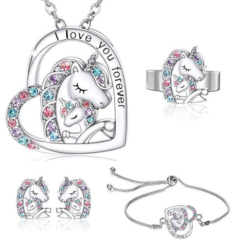IUDWCG 5 Pcs Collier Licorne Filles Bague Licorne Boucles d'oreilles, Parure Licorne Enfants, Collier Licorne Coeur Enfants Fille