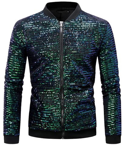 Beokeuioe Herren Metallic Pailletten jacke Baseball Bomberjacke 70er Disco Party Kostüm Karneval Outfit Streetwear Glänzende Nachtclub Wetlook Bomber Jacke kurze mit Reißverschluss