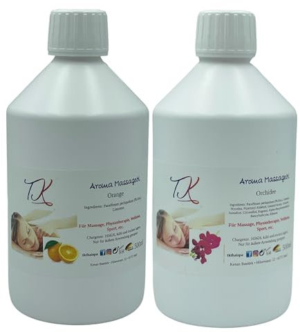 Aroma Massageöl Set-11 (2x500ml) für Massage, Physiotherapie, Wellness, Sport etc. in Pharma Qualität (1000ml, Orange & Orchidee)