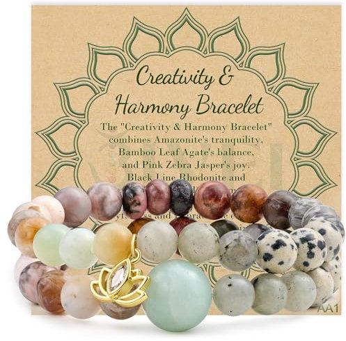 Bivei Kristall Armbänder - Frauen 8mm Natural Reiki Semi Precious Edelstein Chakras Bead Stretch Armband mit Lotus Charm(17cm Kreativität & Harmonie Armband)
