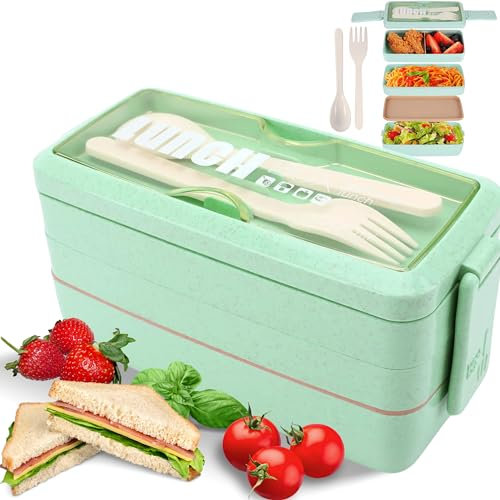 Senshi Japan Bento Box 1000ml (1 Litre) 3 Layer Stackable Meal Prep Lunch Box Leak Proof With Spoon & Fork, for Adults Kids Office Microwave Dishwasher Safe