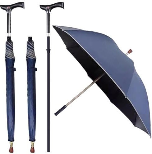 Wzmazingly Trennbar Gehstock Regenschirm, Höhenverstellbar 2-in-1 Spazierstockschirm, Windschutzrippen, Vielseitig Reisen Stützschirm, Tragfähigkeit 80kg(Blue)
