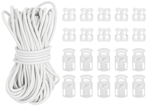 PATIKIL 15 Meter Gummiband mit 10 Stück Kordelstopper Einzelloch & 10 Stück Kordelklemme 2 Loch, Elastische Gummischnur 3mm Elastische Gummiseil für Kordelzug Rucksack, Weiß