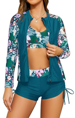 SHEKINI Women 3 Piece Rash Guard Sets Long Sleeve Zipper Swim Shirt Printed Bikini Top Side Drawstring Boyshorts Surfing Training Swimsuit, Pink Flower, Small