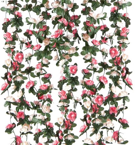 Criveple Lot de 6 Double Couleur Guirlandes Roses Artificielles 49FT Lierre Artificial Guirlande Vignes Suspendus Fleurs en Soie pour DéCoration Arche de Mariage Maison Jardin FêTe (Roses)