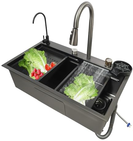 Begoniape Évier de cuisine en acier inoxydable 70 x 35 x 20 cm - Avec quatre modes de sortie - Avec planche à découper - Tableau de drainage - Robinet extensible