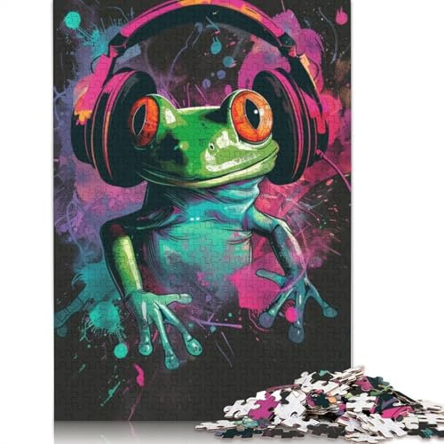 Puzzle für Erwachsene, Frosch mit Kopfhörern, 1000 Teile, Holzpuzzle für Erwachsene und Kinder ab 12 Jahren, Spielzeug-Wanddekoration, Größe: 75 x 50 cm