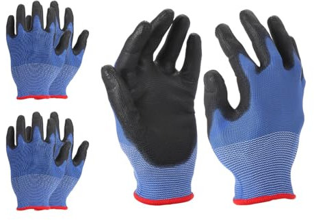 PATIKIL Safety Work Gloves, 3 Pair PU Coated Seamless Knit Gardening Glove with Grip for Woodworking Construction Warehouse Yard Work, Blue, Small Size