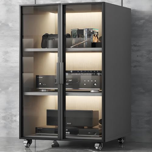 YQMHEZ Audio Rack HiFi Regal, Audio-Rack, Phonoschrank, bewegliches Aufbewahrungsregal, mit Glastüren und Bremsrad, Eck-Entertainment-Center, for Zuhause, Büro/DJ/Theater(Gray,21.2x20.4x40.1)