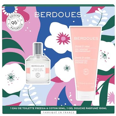 BERDOUES - Coffret Eau de Toilette Freesia Coton 50 ml + Gel douche parfumé 100 ml. Made in France, Vegan, Parfum femme Floral et réconfortant