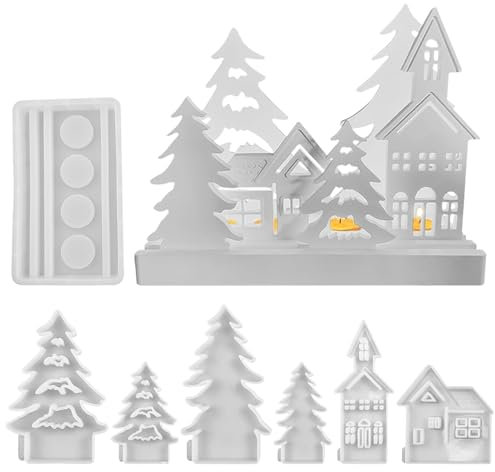 Lot de 7 moules en silicone pour village de Noël, moules en résine pour maison de Noël, moule en silicone pour arbre de Noël, moules pour bougeoirs de Noël, décorations de Noël