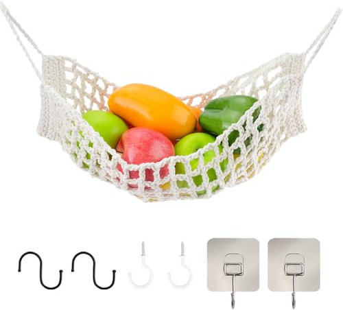 DIBALIYI Hängende Obsthängematte, Obst Hängematte, Obstkorb Hängend mit 2 Haken Ohne Bohren und 2 S-Haken und 2 Spiralhaken, Boho Frucht Gemüse Hängematte für Küche Wohnmobil