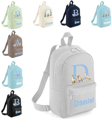 The Baby Box UK Personalised Boys Rucksack Backpack Bag Dinosaurs Bears Animals Space Mini School Club Nursery (Grey)