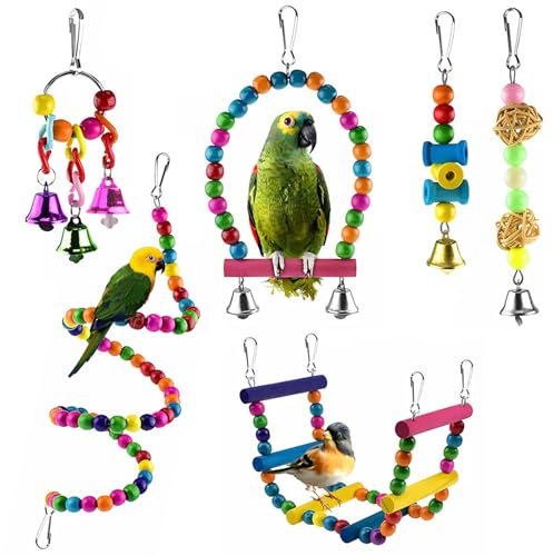 6 Stück Vogelspielzeug, Vogelkäfig-Zubehör aus Holz Papageienspielzeug Vogelschaukel Glocken Kauspielzeug für Sittiche Wellensittiche Nymphensittiche