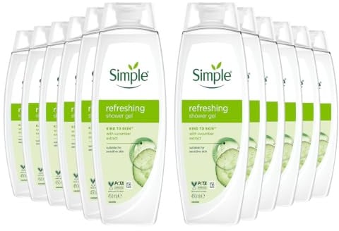 Simple Kind to Skin Refreshing Shower Gel, Pack of 12, Body Wash with Cucumber Extracts and Pro-Vitamin B5 Dermatologically Tested for Sensitive Skin, 450 ml