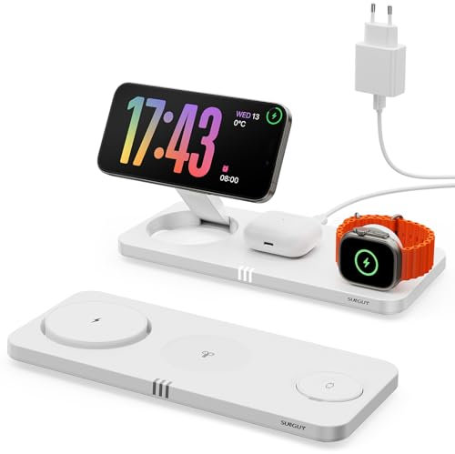 SUNGUY Caricatore Wireless compatibile con Mag-safe, 3 in 1 Ricarica Base Senza Fili Stazione 15W per iPhone serie 16, 15/14/13/12, per Apple Watch 8/7/6/5/4/3/2/SE Pods Pro 2a generazione - Bianca