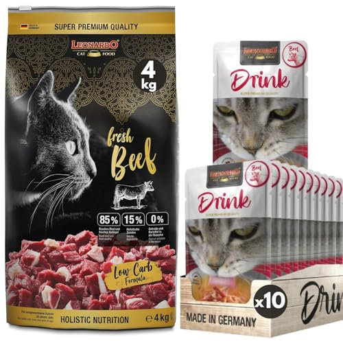 Leonardo Katzenfutter Fresh Beef & Poultry [4kg] + Leonardo Drink Beef [10x40g Multipack Sorte Rind] Katzendrink | Trockenfutter mit 85% Frischfleisch für Katzen | Alleinfuttermittel
