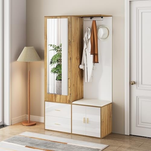 Rosebibi Elegante set appendiabiti e colori legno con specchio, scarpiera, scarpiera con gancio e asta appendiabiti allungabile (bianco)