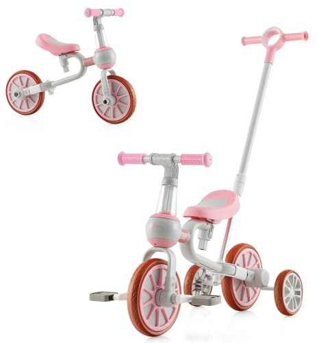 SOARS 4 in 1 Laufrad, Kinder Dreirad mit 4-stufig verstellbarem Schiebegriff, 2-stufigem Sattel, abnehmbaren Pedalen, Lauffahrrad Lauflernhilfe für Kinder ab 1 Jahre (Rosa)