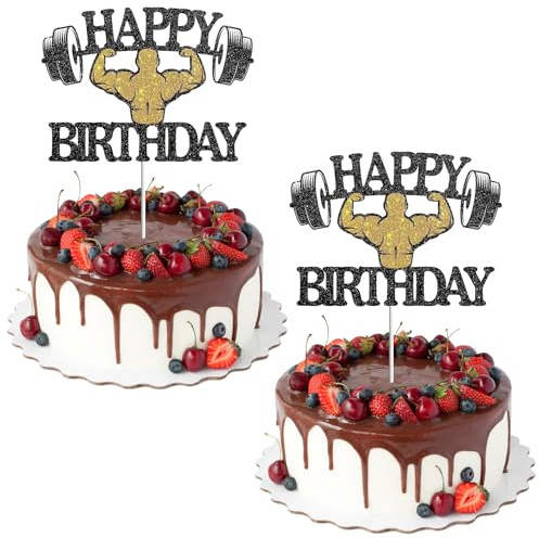 2 Stück Fitness Kuchen Topper, Glitzer Gewichtheben, Happy Birthday Deko | 2er Set, Glitzerpapier, Gewichtheben & Happy Birthday, stabil, wiederverwendbar, ideal für Fitness Partys