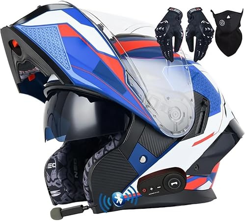 Casco De Moto Modular con Bluetooth, Integral, Abatible, con Doble Visera, Homologado por Dot/ECE, con Altavoz Y Micrófono Duales, para Adultos, Hombres Y Mujeres.