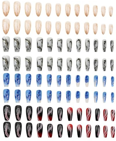 96Pcs Press On Nails Set, Simple Long False Nails with Glossy Finish, Multiple Shapes, Press On Nailss Long for DIY Nail Art, Womens Fake Nail Sets for Daily Wear Art Styling