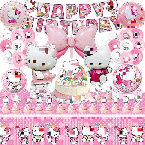 Pappteller Kindergeburtstag Deko,90 Stück Ki-ty Geburtstag Deko,Partygeschirr Geburtstagsdeko Mädchen Rosa Geschirr Party Luftballon Teller Servietten Tischdecke Happy Birthday Banner Tortendeko