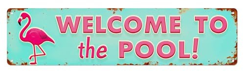 Flamingo-Willkommens-Pool-Schild, Muster, Blechschild, Vintage-Metallschild, Hausbar, Garten, Wanddekoration, Metallposter, 10,2 x 40,6 cm