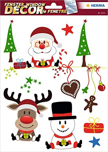 HERMA 15115 Fensterbilder Weihnachten Weihnachtsmann Rentier Schneemann, 5 Stück, selbstklebend, Kinder Fensteraufkleber, ablösbare Winter Fenstersticker, Fensterfolie für Kinderzimmer Weihnachtsdeko