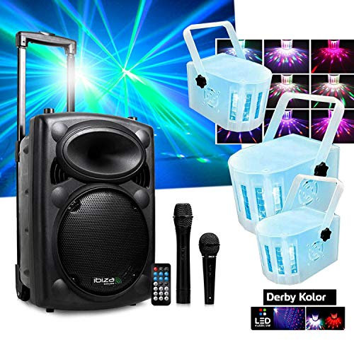 Enceinte Active DJ Mobile 500W Ibiza PORT10VHF-BT +3 Mini Derby Kolor RVB Sono DJ PA Fete Soiree