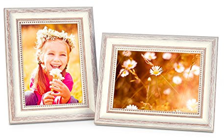 2er Set Bilderrahmen Shabby-Chic Landhaus-Stil Weiss 18x24 cm Massivholz mit Glasscheibe und Zubehör/Fotorahmen