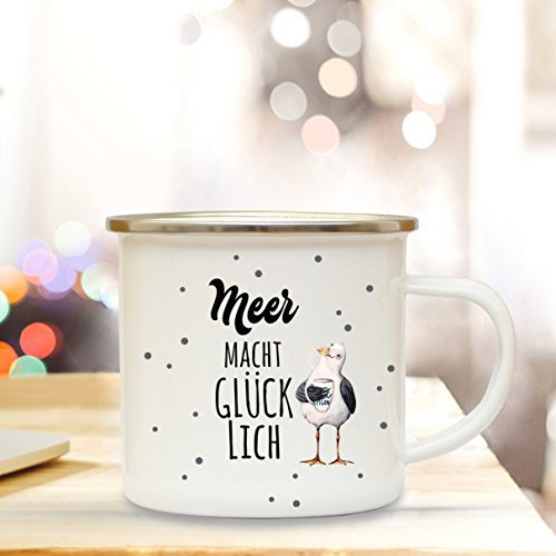 ilka parey wandtattoo-welt Emaille Becher Camping Tasse maritim Möwe & Spruch Motto Meer macht Glücklich Kaffeetasse Zitat Geschenk eb116