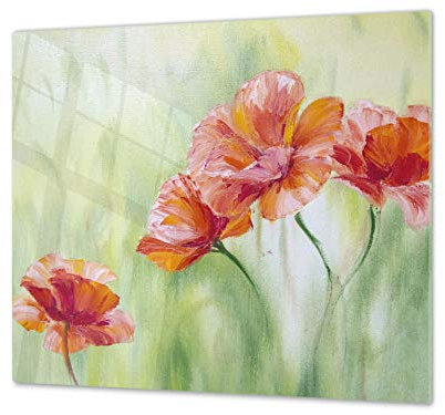 Asse da cucina in VETRO temperato – Tagliere in vetro – pezzo UNICO (60x52 cm) o DUE pezzi (30x52 cm ognuno); D06 Serie Fiori: Papaveri 2