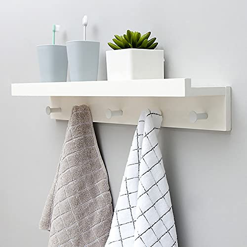 Wandregal mit Haken, Bambus, Garderobenleiste und Haken, schwebende Regale für die Aufbewahrung, für Flur, Badezimmer, Wohnzimmer, Schlafzimmer, Bambus, weiß, 61.1*12*8cm