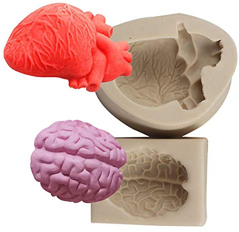 XLZSP DIY Halloween Simulation Menschliches Organ Silikonformen 3D Herz und Gehirn Fondant Kuchenform Schokolade Kekse Polymer Ton Gips Eisform Küche Backen Dekoration Werkzeug