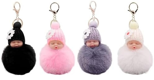 Select Zone Bommel - 4 Stück Plüsch-Schlüsselanhänger mit schlafender Babypuppe