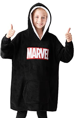 Marvel Oversize Hoodie Decke mit Ärmeln Pullover Jungen Warme Tragbare Kuscheldecke Kapuzenpullover Kinder und Teenager (Schwarz Marvel)