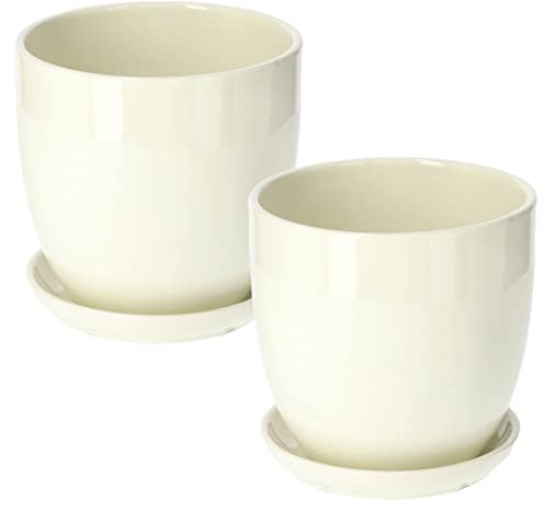 KOTARBAU® Lot de 2 pots de fleurs, en céramique, pour fleurs, plantes, diamètre : 15 cm, avec bac d'égouttement, beige