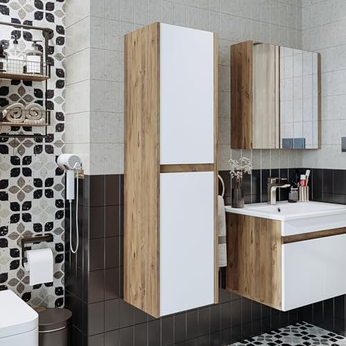 ROOMART • Hochschrank • Badezimmermöbel Set • Atlantic • 4 Teilig Badezimmerschrank • 100 cm Unterschrank mit Keramikwaschbecken • Spiegelschrank • Hochscrank (Weiß Eiche, Hochschrank)