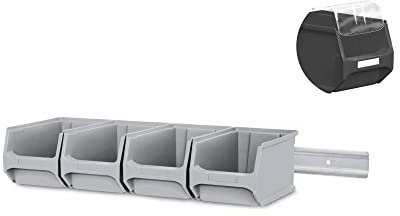 Wandleiste mit 4x Graue Sichtlagerbox 3.0 mit Abdeckung | HxBxT 12,6x60,5x23,6cm | Wandhalterung, Kleinteileaufbewahrung, Sortimentsboxhalterung