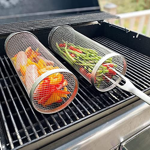 KENANLAN 2 Pack Rolling Grill basket, Stainless Steel Rotisserie Holder, Cylindrical Grill Basket, BBQ Cooking Accessories for Outdoor Grilling, Vegetables, Fish, Meat