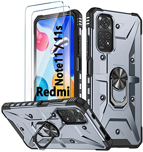 Armor Funda Xiaomi Redmi Note 11 / 11S Antigolpes Carcasa con 2 Transparente Cristal Templado Protector Pantalla con 360 Metálico Anillo Soporte Silicona Cover para Redmi Note 11S Funda - Gris