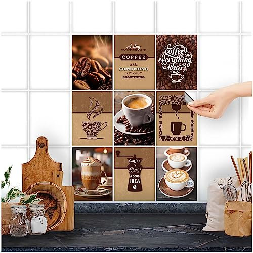 FoLIESEN Fliesenaufkleber für Bad, Küche, Badezimmer - Fliesen-Folie selbstklebend - Deko-Aufkleber - Kaffee-Collage, .:15x20 cm - 9-tlg.