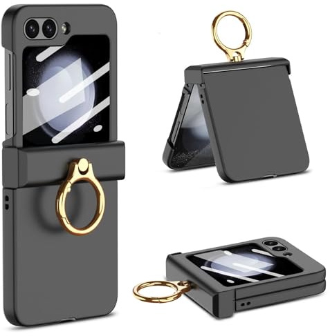 Miimall Hinge case for Samsung Galaxy Z Flip 5 Case with Ring, [Hinge Protection] [Ring Holder] [Built-in Screen Protector] Shockproof Hard PC Cover Full Protective Case for Z Flip 5-Black