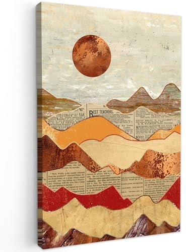 MuchoWow© Leinwand 60x90 cm Deko Schlafzimmer Aesthetic Leinwandbilder Wohnzimmer Gemälde Foto Geschenk Living Room Decoration Vintage - Berge - Sonne - Zeitung - Papier